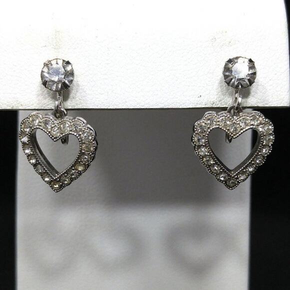 Vintage Weiss Rhinestone Heart Earrings, Screw Back, Mid-Century Vintage Jewelry - Picture 8 of 8